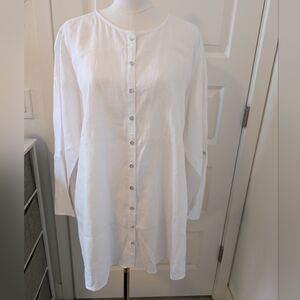 TAHARI Tunic Top Linen Button-Down White Long Sleeve Roll Tab Sleeves Plus Size
